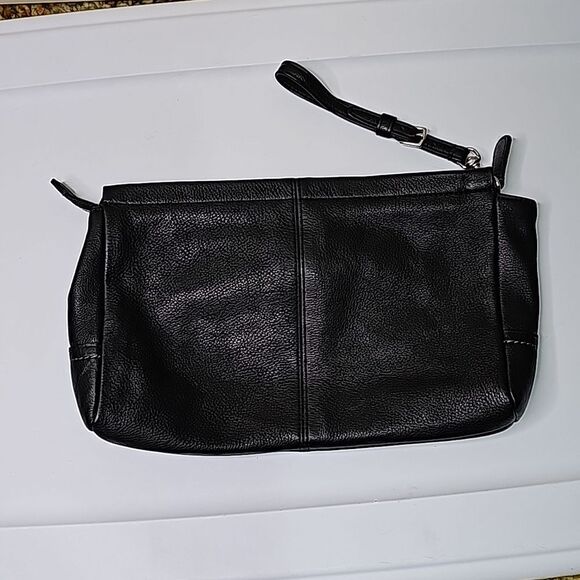 Wristlet Leather Black Silvertone Hardware Green Satin Style Lining - Picture 3 of 8